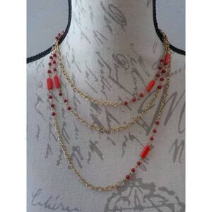 Vintage Golden Chain and Red Tone Accents Necklace Length 60"